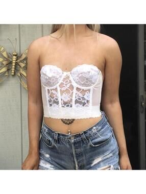 Vintage 90s Cream Lace Floral Bustier Top Valmont Sz 34B Lingerie Corset USA